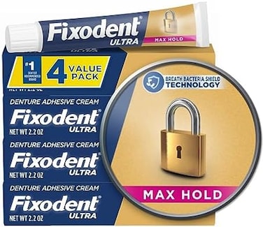 Fixodent Ultra Max Hold Secure Denture Adhesive Cream for Full and Partial Denture Wearers, 2.2oz (Pack of 4