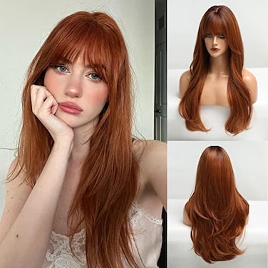 HAIRCUBE Long Auburn Wig with Bangs Layered Curly Orange Wigs for Women Natural Synthetic Wigs for Daily Use (pelucas de cabello natural