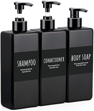 Segbeauty Shampoo and Conditioner Dispenser Refillable, 3pcs 16.9oz Shower Bottles Soap Dispenser with Labels, 500ml Empty Plastic Square Pump Bottle Dispenser Body Wash Containers for Bathroom Black