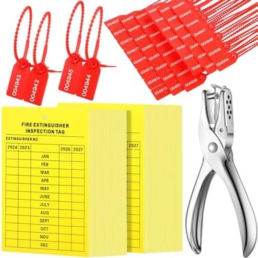 Chunful 101 Pieces Monthly Fire Extinguisher Inspection Tags 2022 4 Years Maintenance Tags and Plastic Tamper Seals Numbered Security Tags with Handheld Hole Puncher (Red, Yellow,Fire Extinguisher