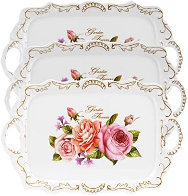 Nicunom 3 Pack Serving Trays with Handles, 16" L x 11" W Rectangular Trays for Eating, Melamine Serving Platters for Party, Floral Trays for Serving Food, Cookies, Desserts, Great Gift