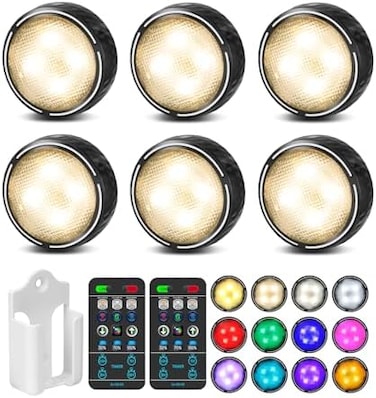 TECOMLIGHT LED Puck Lights with Remote Control, Battery Operated Wireless Closet Lights, Under Cabinet Lighting, 6 Pack - Black