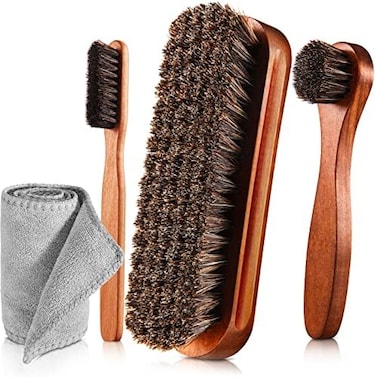ZJoey 4 Pcs Horsehair Shine Shoes Brush Kit Polish Dauber Applicators Cleaning Leather Shoes Boots Care Brushes Suede Cleaner Brush with Microfiber Shoe Cloth(4 Pcs Style A