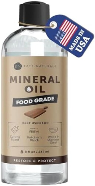 Kate Naturals Mineral Oil for Wood Cutting Board Oil, Butcher Block, and Knife. Food Grade Mineral Oil for Wooden Cutting Board (8oz, Food Safe Oil