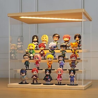 LANSCOERY Clear Acrylic Display Case with Light, Assemble 4 Tier Display Box Stand with Wooden Base, Dustproof Protection Showcase for Collectibles Memorabilia Figurines (11.8x8.9x11inch;30x22.5x28cm