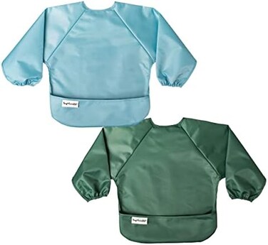 Tiny Twinkle Mess Proof Baby Bib, 2 Pack Long Sleeve Bib Outfit, Waterproof Bibs for Toddlers, Machine Washable, Tug Proof (Slate Olive, Small 6-24 Months