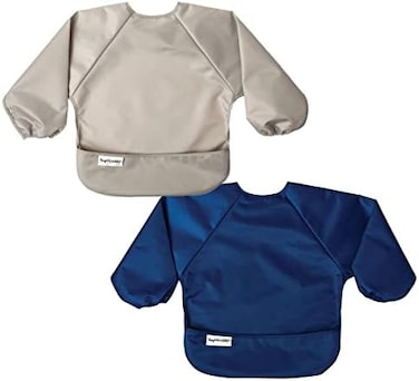 Tiny Twinkle Mess Proof Baby Bib, 2 Pack Long Sleeve Bib Outfit, Waterproof Bibs for Toddlers, Machine Washable, Tug Proof (Grey Indigo, Small 6-24 Months