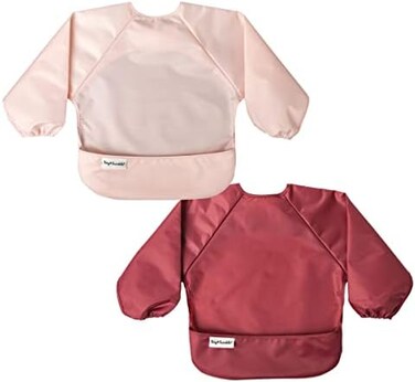 Tiny Twinkle Mess Proof Baby Bib, 2 Pack Long Sleeve Bib Outfit, Waterproof Bibs for Toddlers, Machine Washable, Tug Proof (Rose Burgundy, Small 6-24 Months