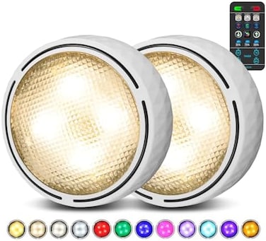 TECOMLIGHT LED Puck Lights with Remote Control, Battery Operated Wireless Closet Lights, Under Cabinet Lights Stick on Tap Light Push Lights, Color Changing Under Counter Lights for Kitchen, 2 Pack -