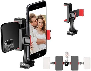 Manbily Phone Tripod Mount Adapter, 360&deg; Rotatable Dual Cell Phone Holder Clip, Adjustable Clamp with 4 Cold Shoe, for Tripod Monopod Selfie Stick Vlog Live Streaming Video Recording