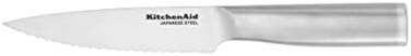KitchenAid Gourmet Forged Stainless Steel Serrated Utility Knife with Custom-Fit Blade Cover, 5.5-inch, Sharp Kitchen Knife, High-Carbon Japanese Stainless Steel Blade, Brushed Stainless Steel Handle