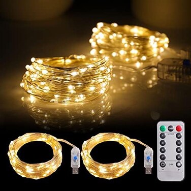 مجموعة أضواء زينة من مانديك، عبوتان، 100 مصباح LED، طول 33 قدمًا، تعمل بمنفذ USB، سلك فضي، أضواء صغيرة مع جهاز تحكم عن بعد، مناسبة لتزيين المنزل (أبيض دافئ)