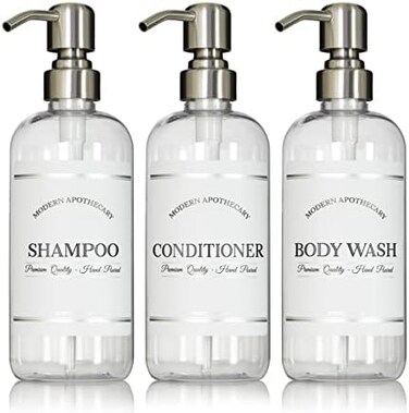 Artanis Home Clear Refillable Shampoo and Conditioner Bottles - Body Wash, Shampoo and Conditioner Dispenser - PET Plastic Shampoo Bottles Refillable with Pump - Waterproof Labels - 16 oz, 3 Pack (Sta