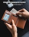 محفظة بطاقات ائتمان VULKIT مصنوعة من الجلد الطبيعي بتقنية حجب RFID، مزودة بفتحة للبطاقات، وجيب للأوراق النقدية، ونافذة لبطاقة الهوية، وجيب للعملات المعدنية، وإغلاق مغناطيسي.