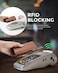 محفظة بطاقات ائتمان VULKIT مصنوعة من الجلد الطبيعي بتقنية حجب RFID، مزودة بفتحة للبطاقات، وجيب للأوراق النقدية، ونافذة لبطاقة الهوية، وجيب للعملات المعدنية، وإغلاق مغناطيسي.