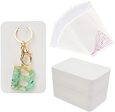 Temlum 100 Pcs Keychain Display Cards with Self-Sealing Bags, 3'' x 4.7'' Keychain Cards Holder for Display Keyring Cards Jewelry Packaging Supplies (White