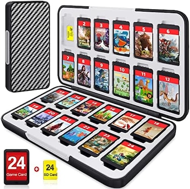 CYKOARMOR Switch Game Case for Nintendo Switch Game Card with 24 Switch Game Holder Storage and 24 Micro SD Cartridge Slots, Slim Switch Game Organizer Incl. Hard ShellSoft Rubber-Stripe Grey Black