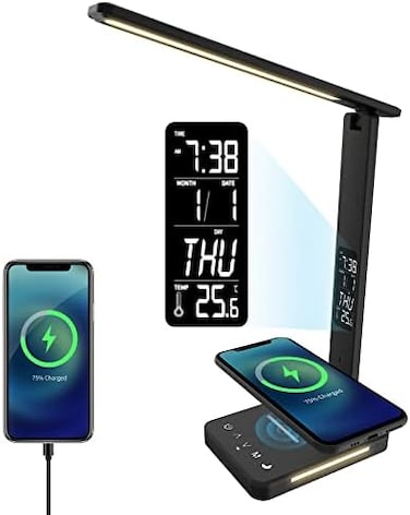 Banrterd Desk Lamp, LED Desk Lamp with Wireless Charger, USB Charing Port, Desk Lamps for Home Office, Dimmable Eye-Protecting Desk Light with Night Light, Digital Alarm Clock, Temperature, Black