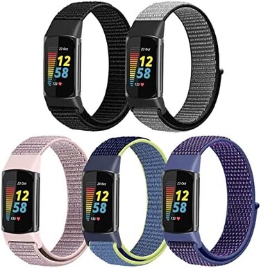 أساور ساعة WNIPH المصنوعة من النايلون، متوافقة مع ساعة Fitbit Charge 5، عبوة من 5 أساور رياضية بديلة قابلة للتعديل، ناعمة، وجيدة التهوية، مناسبة للرجال والنساء.