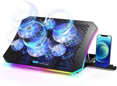 KeiBn Upgarde Laptop Cooling Pad, RGB Lights Laptop Cooler 6 Fans for 15.6-17.3 Inch Laptops, 7 Height Stands, 10 Modes Light, 2 USB Ports, Desk or Lap Use (A8,Blue