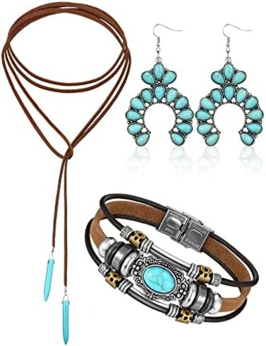 Inbagi 3 Pcs Western Jewelry for Women Bohemian Set, Boho Pendant Long Choker, Faux Leather Layered Bracelet, Dangle Earrings