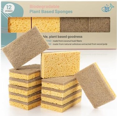 bioGo 12 Pack Biodegradable Kitchen Sponges - Eco-Friendly, Compostable, Natural Cellulose Dish Sponges