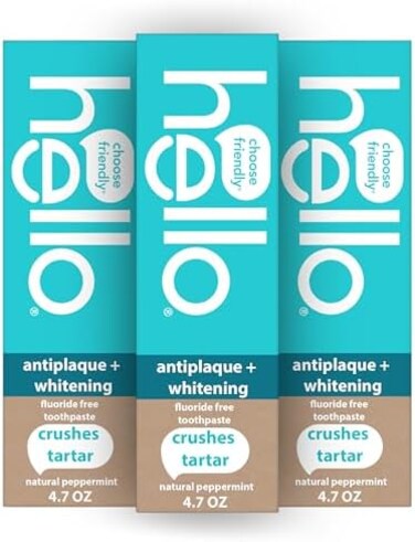 Hello Antiplaque Whitening Toothpaste, Fluoride Free Toothpaste for Teeth Whitening with Natural Peppermint Flavor and Tea Tree Oil, Peroxide Free, Gluten Free, SLS Free, 3 Pack, 4.7 OZ Tubes