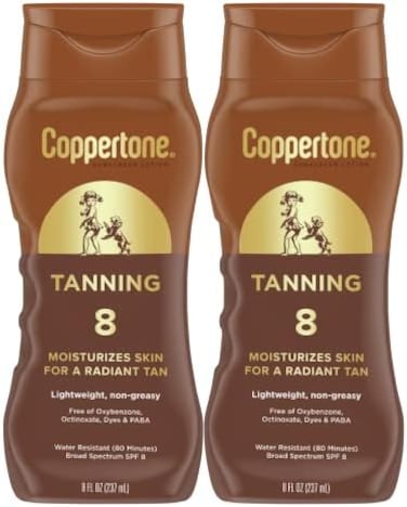 Coppertone Tanning Sunscreen Lotion, Water Resistant Body Sunscreen SPF 8, Broad Spectrum SPF 8 Sunscreen Pack, 8 Fl Oz Bottle, Pack of 2