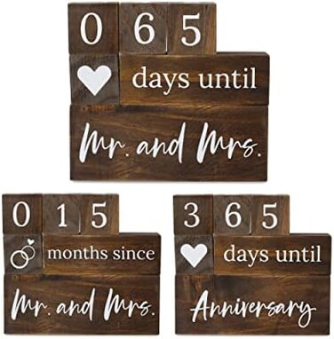 J&amp;A Homes JA Homes 365 Wedding Countdown Blocks - 2 Sided Calendar Bride to Be Engagement Gifts Anniversary Couples - Mr and Mrs Rustic Wedding Day Countdown Ideal Bridal Shower Gift (Natural Wood