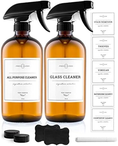 Vine Creations 2 Pack Amber Glass Spray Bottles, 16 Oz, Adjustable Nozzle, Waterproof Labels, Cleaning, Gardening