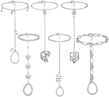 Fumete 6 Pieces Finger Ring Bracelet Linked Rhinestone Hand Harness Chain Slave Bracelet with Ring Everyday Jewelry for Women Girls