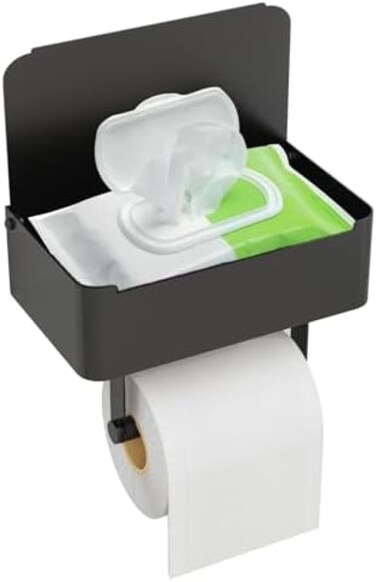 JUYSON Toilet Paper Holder with Shelf, Flushable Wipes Dispenser Fits for Bathroom Wipe Storage, Keep Your Wipes Hidden Out of Sight - SUS304 Stainless Steel Wall Mount Organizer (Matte Black
