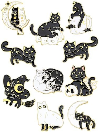 Hoteam 10 Pieces Cat Pins Cute Brooch Pin Set Kawaii Cat Backpack Pin Black Cat Book Brooch Gothic Aesthetic Cat Buttons for Backpacks Clothing Bags Lapel Jackets for Women Men DIY Presents