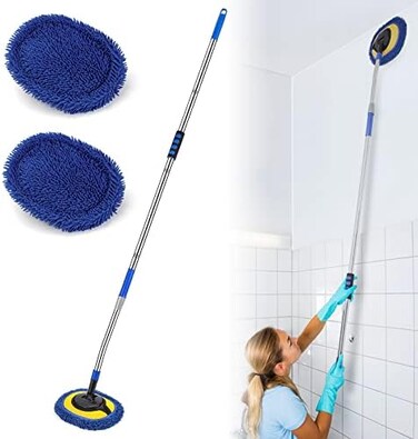 SLIIMU Wall Cleaner, Max 66'' Wall Mop with Long Handle, Ceiling Dust Mop with 15&deg; Labor-Saving Elbow Extension Pole, Baseboard Duster Washer Scrubber, High Reach Window Cleaning Brush, Roof Cleaning