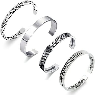 RIOSO 4Pcs Men's Cuff Bracelets Silver Cuff Bracelet Leaves Pattern Twisted Open Cuff Bracelet