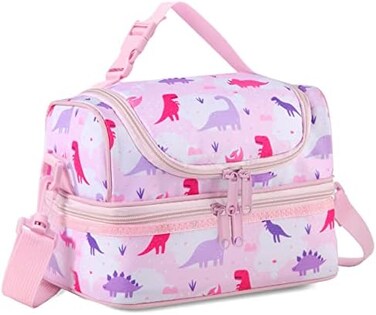 VASCHY Lunch Box Bag Kids, Insulated Two Compartments Cooler Bags for Boys Girls w Shoulder Strap for School,Daycare,Kindergarten Dinos Pink
