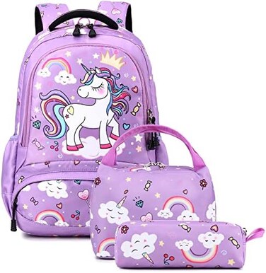 Dafelile Backpack Unicorn for Girls School Preschool Backpack for Girls 3 IN 1 School Bookpack Set with Lunch Bag Pencil Bag, Purple, One Size, Daypack Backpacks