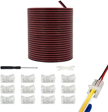موصلات شريط إضاءة LED من نوع COB من HAMRVL مقاس 10 مم، موصلات شريط الإضاءة إلى سلك، طقم إضاءة مسار شفاف بدون لحام، مع كابل تمديد سلك LED بطول 6 أمتار/19.68 قدم لشريط LED 5050 بجهد 12/24 فولت (2 دبوس،