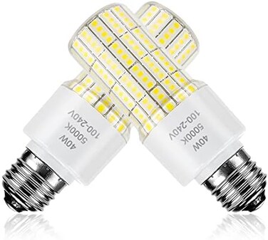 عبوة من مصباحين LED من CA New Sunshine بقوة 40 واط (ما يعادل 300 واط) 5000 لومن، لون أبيض نهاري 5000 كلفن، قاعدة متوسطة E26/E27، للاستخدام الداخلي والخارجي في الشوارع والمكاتب والمستودعات وورش العمل و