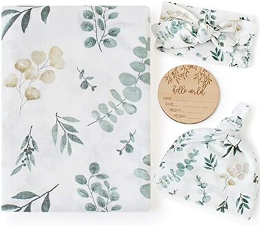 LifeTree Newborn Swaddle Set with Matching Hat and Headband Bow, Wooden Birth Announcement Card, Muslin Baby Swaddle Blankets for BoysGirls, Eucalyptus Pattern
