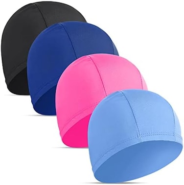 Wholelovein 4 pcs Elastic Swim Caps for Both WomenMenKids Fabric Durable Non-Waterproof Cloth Swimming Pool Cap Elastic Bathing Cap