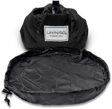 Lay-n-Go Drawstring Mini Makeup Bag &ndash; Black - 16 inch - Travel Cosmetic Bag, Scrunch Sac Makeup Bag Opens Flat for Easy Access, Makeup Pouch, Durable and Stylish, Black, 16 Inch