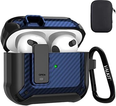 Valkit Compatible Airpods 3rd Generation Case with Lock Clip, Carbon Fiber Hard Shell AirPods 3 Case Cover with Keychain for Men Women Cool Shockproof Protective Case for Air Pods 3rd Gen,Black/Blue