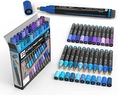 TOOLI-ART 22 Acrylic Paint Markers Paint Pens Pro Color Series Set 3mm Medium Tip for Rock Painting, Glass, Mugs, Wood, Metal, Glass Paint, Canvas, DIY. Non Toxic, Waterbased, Quick Drying (BLUES