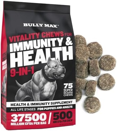 Bully Max 9-in-1 Total Health Dog Chews - PuppyAdult Dog Multivitamin - Omega 3 Vitamin Supplements for Immunity, Brain, Heart, JointDigestive Health for All Breeds - 75 Soft Chews per Bag
