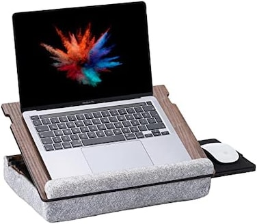 Vigo Wood Laptop Tray - Ergonomic Design with Cushioned Bottom and Mousepad Drawer - Adjustable Height for Comfortable Work Anywhere - Ideal for Home Office, Sofa, Bed (Walnut