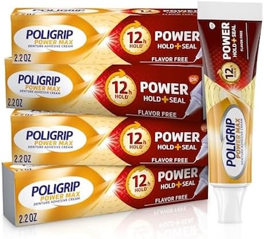 Super Poli-Grip Power Max Power Hold plus Seal Denture Adhesive Cream, Denture Cream for Secure Hold and Food Seal, Flavor Free - 2.2 oz (Pack of 4
