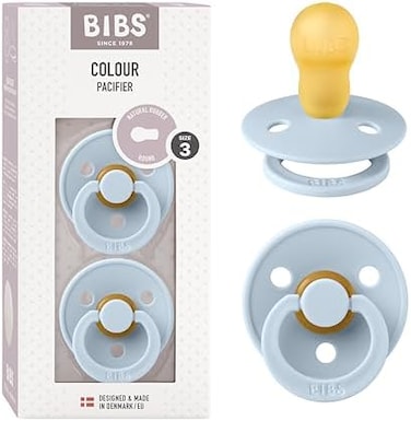 BIBS Colour Soother 2-Pack, BPA Free Dummy Pacifier, Round Natural Rubber Latex, Made in Denmark, Size 3 (18Months, Baby Blue