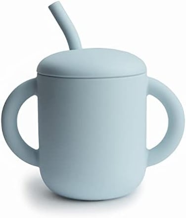 Mushie Silicone Training Cup with Straw for Baby - 175ml Leak-Resistant Cups for Toddlers with Removable Lid - BPA-Free, Dishwasher SafePowder Blue