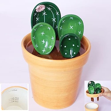 XDONEF XDONE Cactus Measuring Spoons Set in Pot Ceramic Baking Measuring Spoons Cup with Holder for Dry Wet Ingredients Cute Cactus Figurine Dishwasher Safe 1 Tbsp 1 TSP 1/2 TSP 1/4 TSP 1 Cup Unique G